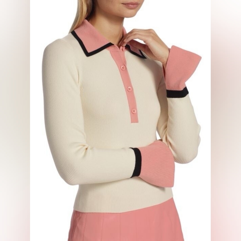 NWT Alice + Olivia White Pia Ribbed Knit Polo Wool Sweater Size XS